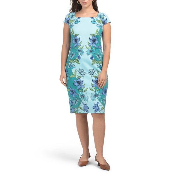LONDON TIMES aqua Square Neck Midi Dress